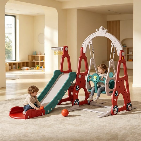 Multi-Colour Plastic Indoor/Outdoor Slide and Swing with Basket - RED Carousel 1