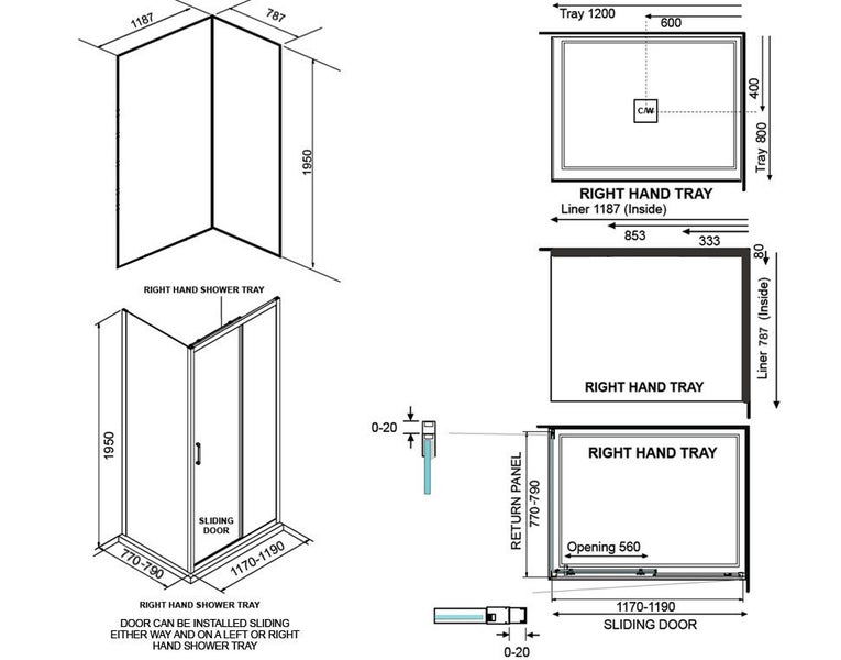 DAMAGED BOXES - EVOLVE SHOWER SQUARE 12X8 2 SIDED RH CTR BLACK F/W Carousel 2
