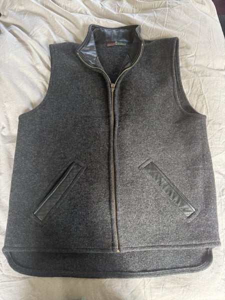 OSCAR EIDE DARK GREY & BLACK MADE IN NZ PURE WOOL VEST WITH LEATHER TRIM SIZE M Carousel 2