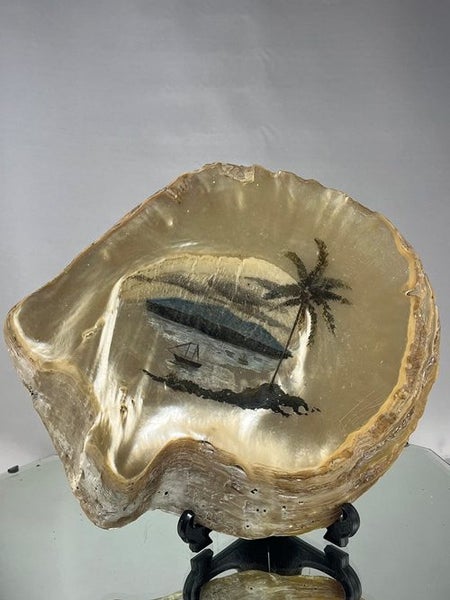 Vintage Large Polished Gold Lip Handpainted Art Mother Of Pearl Shell Carousel 1