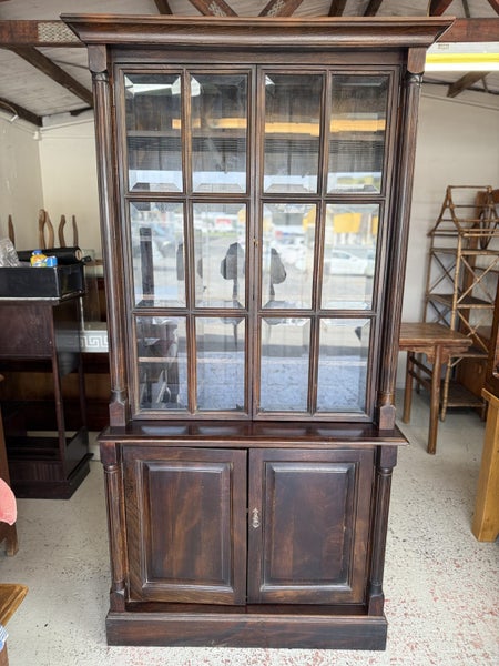 Quality Vintage Solid Oak Beveled Glass Bookcase Cabinet Carousel 2