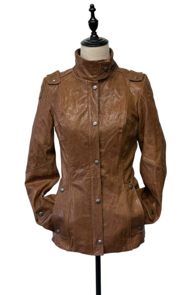 DANIER -Luxury Italian Leather Jacket Brown Fitted Tailored Moto Snap Zip 6-8-10