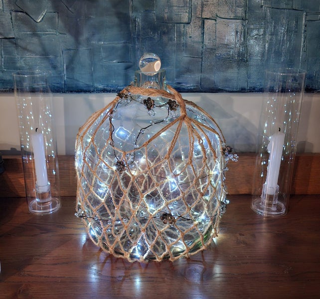 GLASS DEMIJOHN BOTTLE ~ Decorative Piece With Netting & Fairylites Etc ...