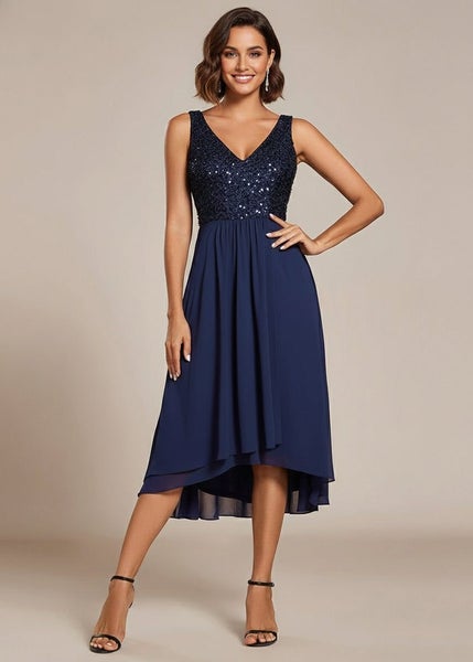 Samanda navy sequin chiffon evening dress Carousel 1