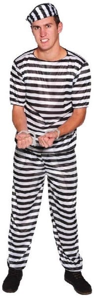 PRISONER COSTUME Halloween Jail Convict Adult Outfit Black White Short Sleeve Carousel 2