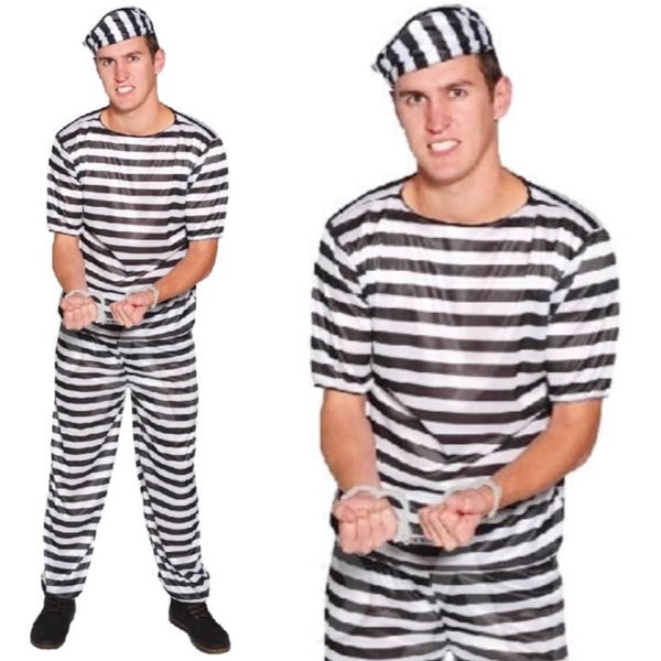 PRISONER COSTUME Halloween Jail Convict Adult Outfit Black White Short Sleeve Carousel 3