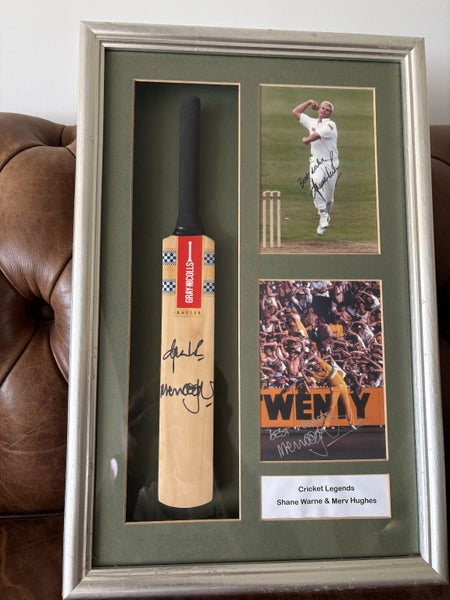 Shane Warne & Merv Hughes Signed Bat and Cards with event photos on back