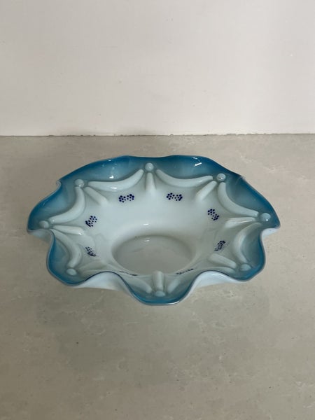 Victorian opaline glass dish with blue ruffled rim