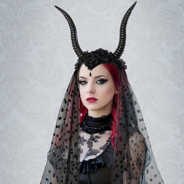 Halloween Goat Horns Headband with Veil Women Gothic Style Halloween Headpiece Carousel 2