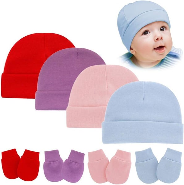 8PCS Newborn Baby Hats and Mittens Set Gloves Beanies No Scratch Mittens Warm Carousel 1