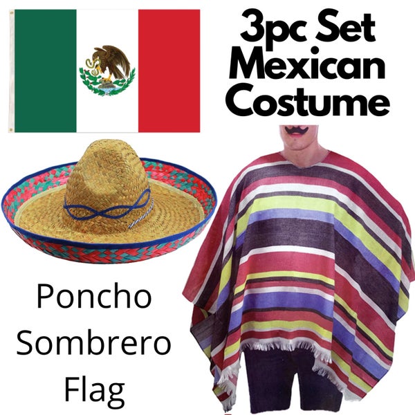 3pc Set Mexican Flag + Poncho + Sombrero Set Costume Wild West Cowboy Party Carousel 4