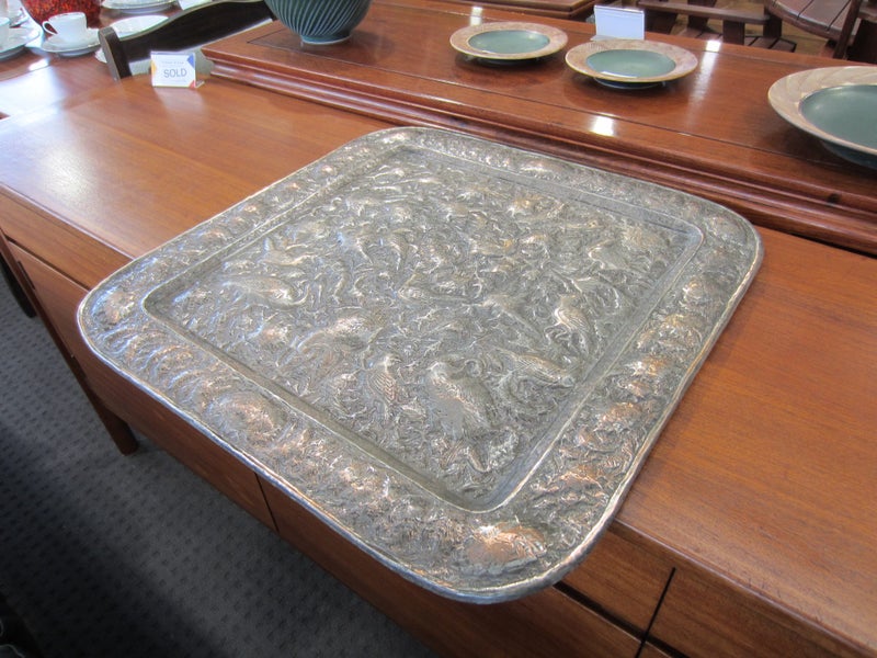 Antique Persian Silver Tone Copper Tray 59cm x 59cm Carousel 2