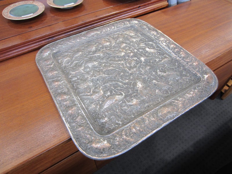 Antique Persian Silver Tone Copper Tray 59cm x 59cm Carousel 1