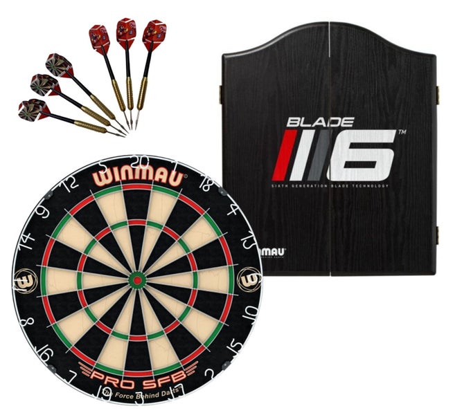 WINMAU PRO SFB Bristle Dart Board + Winmau Blade 6 Cabinet + Darts Set Carousel 1