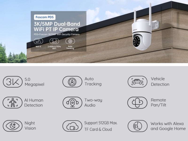 Foscam PD5 3K 5MP Outdoor PTZ WiFi IP Security Camera Dual-Band Carousel 1