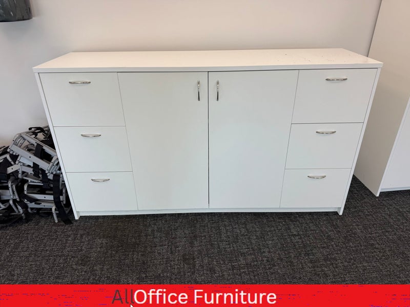 White Commercial Office Credenza – 180cm | 6 Drawers & Centre Cabinet Carousel 1
