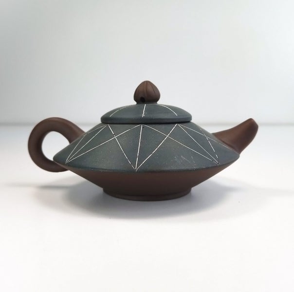 Vintage Chinese Yixing Clay Geometric Saucer Teapot - $1 Res Charity Auction! Carousel 1