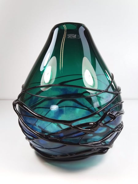 Venus Glass NZ Hand-Blown Green, Blue & Black Vase 23cm - $1 Res Charity Auction Carousel 1