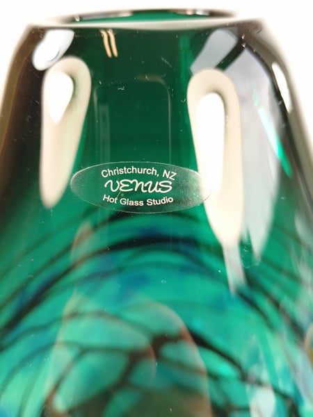 Venus Glass NZ Hand-Blown Green, Blue & Black Vase 23cm - $1 Res Charity Auction Carousel 2