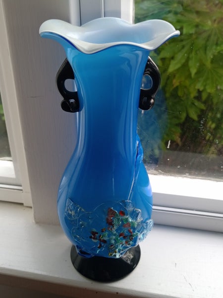Gorgeous "Murano Style" Vintage Blue Art Glass Vase (glass flower appliqués) Carousel 1