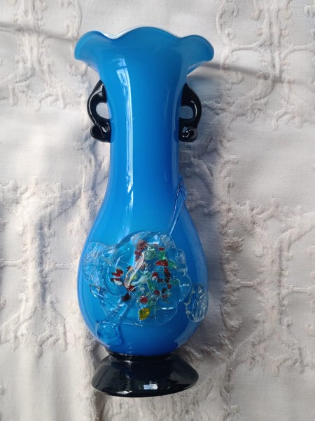 Gorgeous "Murano Style" Vintage Blue Art Glass Vase (glass flower appliqués) Carousel 7
