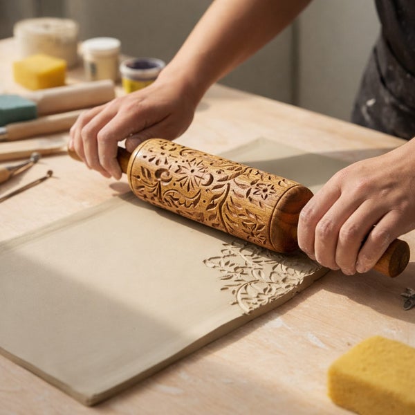 Wooden Clay Texture Roller Laser Engraved Floral Pattern Rolling Pin for Pottery Carousel 2