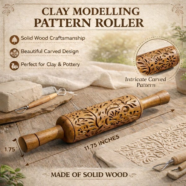 Wooden Clay Texture Roller Laser Engraved Floral Pattern Rolling Pin for Pottery Carousel 8