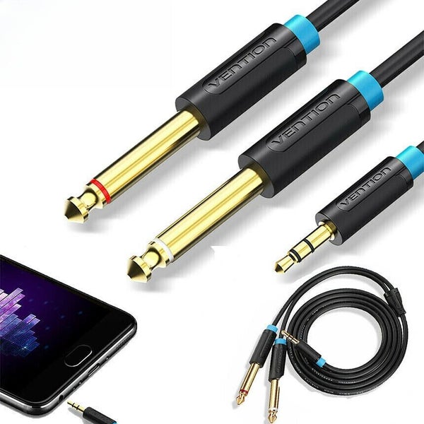 3.5mm to 6.35mm 1/8" TRS to Double 1/4" TS Stereo Y-Splitter Cable for Speaker Carousel 1