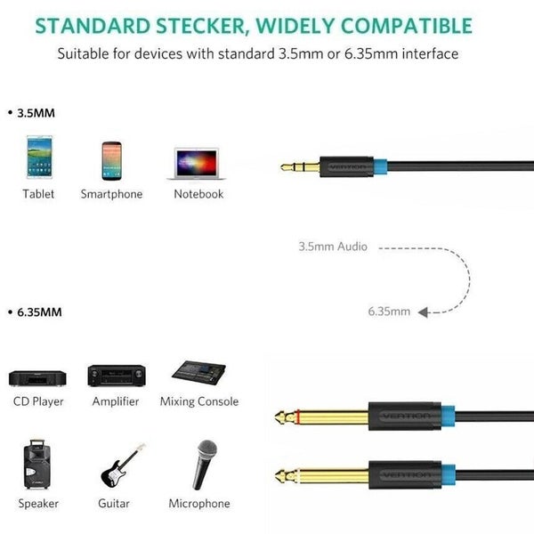 3.5mm to 6.35mm 1/8" TRS to Double 1/4" TS Stereo Y-Splitter Cable for Speaker Carousel 2