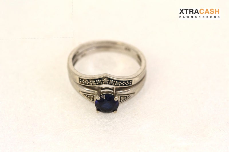 Sterling Silver Blue Stone and Diamond Ring Set Carousel 1