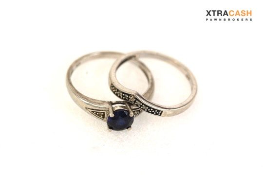 Sterling Silver Blue Stone and Diamond Ring Set Carousel 2