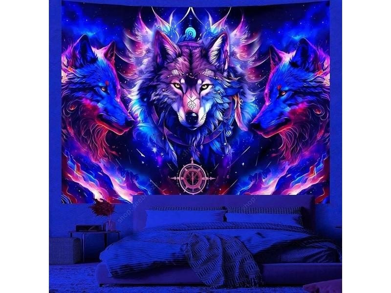 UV Reactive Psychedelic Wolf Tapestry Wall Hanging Gift Carousel 2