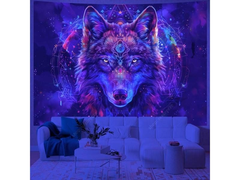 UV Reactive Psychedelic Wolf Tapestry Wall Hanging Gift Carousel 1