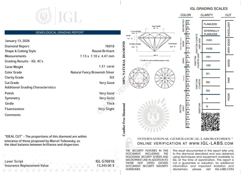 $1 RES * Valuation $22,738.00 * 1.51ct Round Large SILVER Diamond Loose IGL CERT Carousel 2