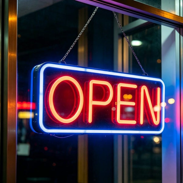 OPEN Sign Size L Neon LED Flashing & Remote Control 55CM Carousel 1