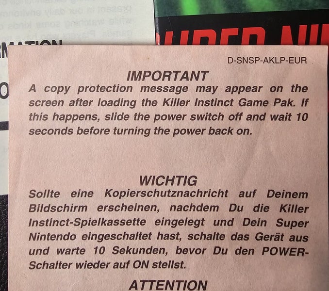 Killer Instinct - Super Nintendo (SNES) - including very rear "Pink disclaimer"