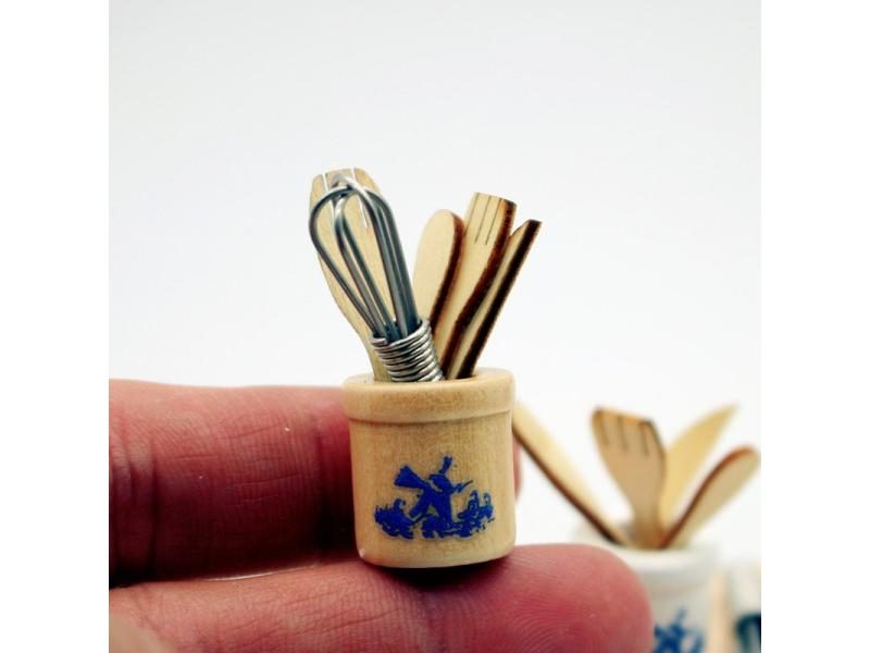 Miniature Dollhouse Tools Set - Wooden Spatula Knife Fork Jar Carousel 1