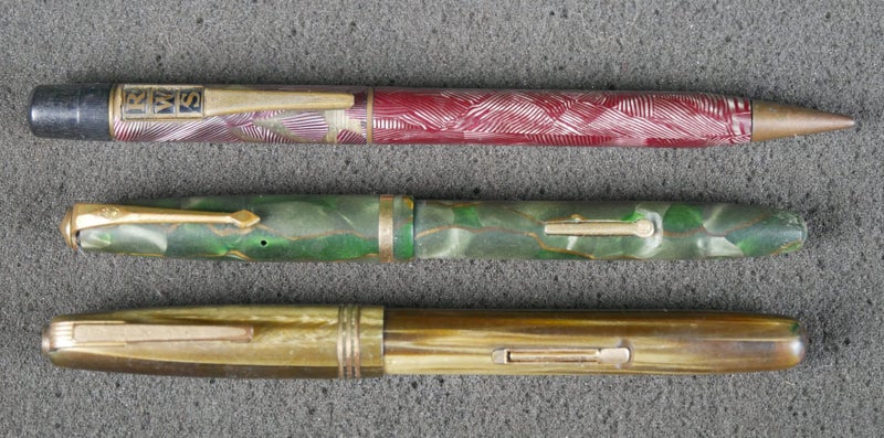 Two Vintage Celluloid Fountain Pens (& One Pencil) - With 14K Gold Nibs Carousel 1