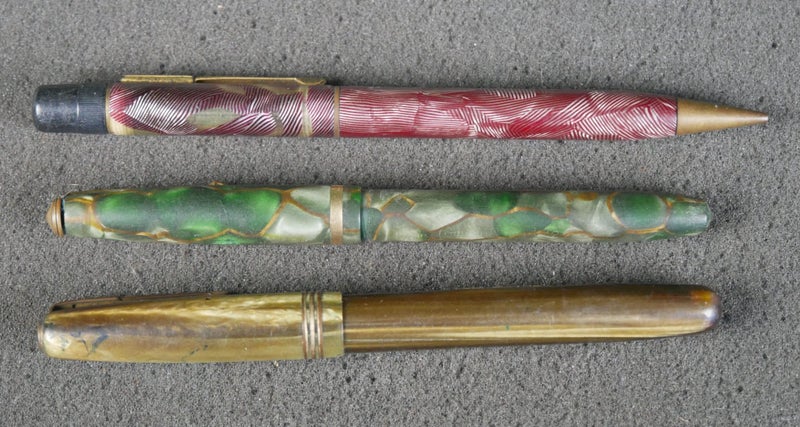 Two Vintage Celluloid Fountain Pens (& One Pencil) - With 14K Gold Nibs Carousel 2