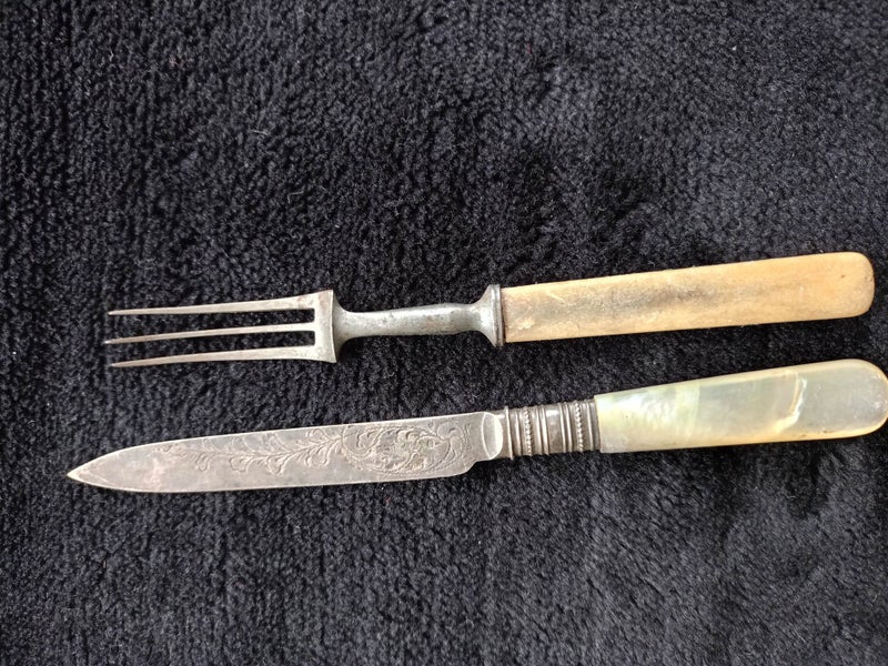 Antique Bone Handled Prong Fork and Pearl Handled Knife Carousel 1