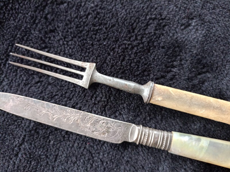 Antique Bone Handled Prong Fork and Pearl Handled Knife Carousel 2