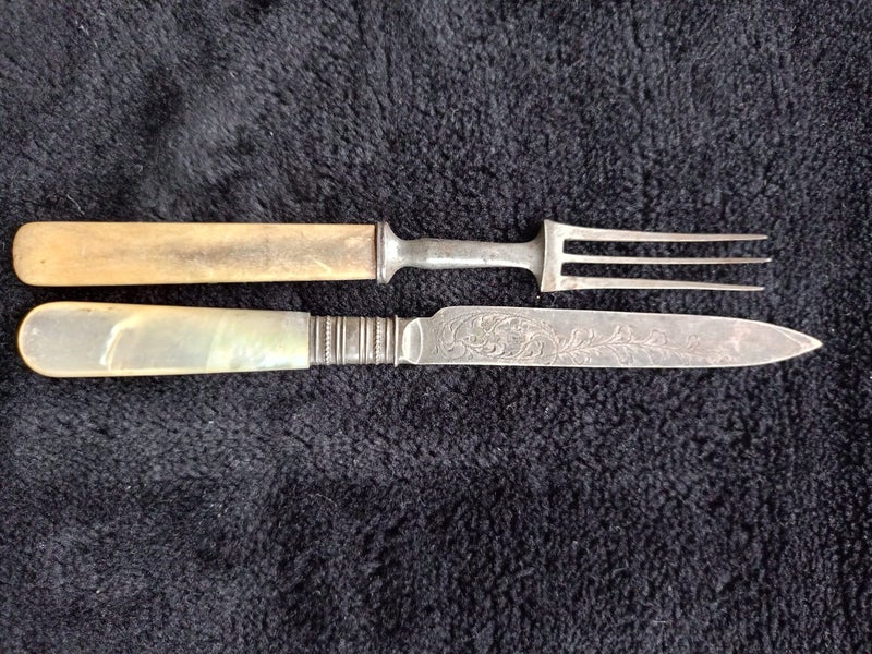 Antique Bone Handled Prong Fork and Pearl Handled Knife Carousel 4