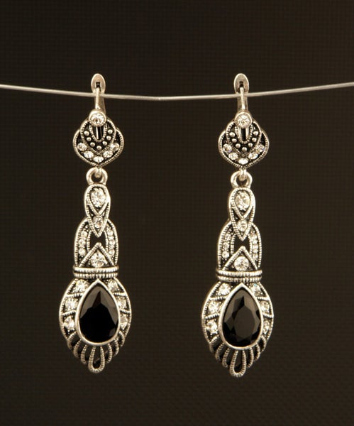 GORGEOUS ART DECO STYLE SIM ONYX, DIAMOND & MARCASITE EARRINGS *NO RES* Carousel 1