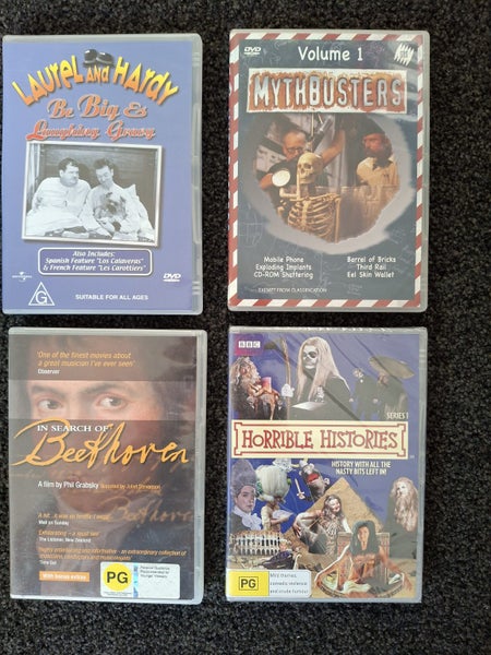4 x DVDs - Horrible Histories 1, Mythbusters 1, Laurel & Hardy, Beethoven