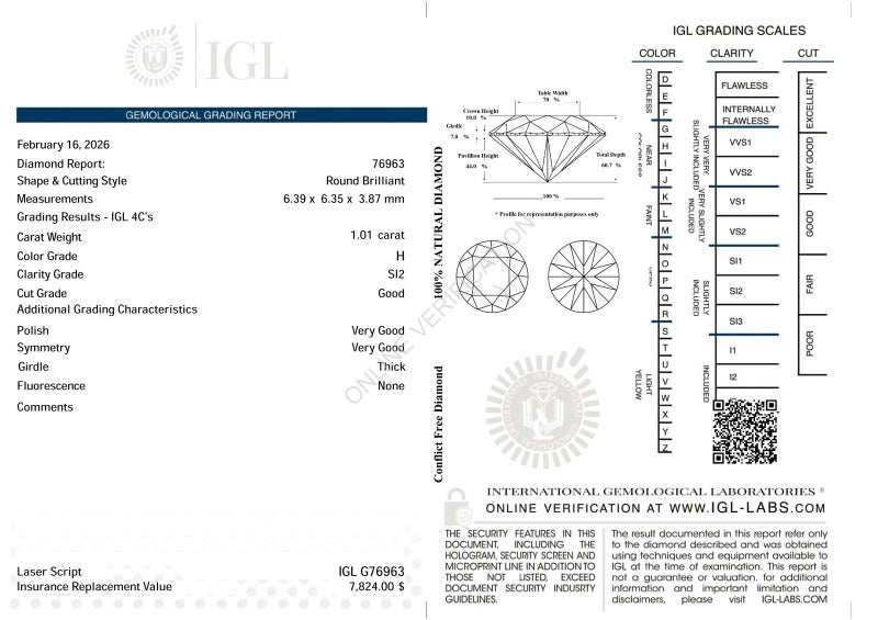 $1 RES * Valuation $13,290.00 * 1.01ct Round Large WHITE Diamond Loose IGL CERT Carousel 2