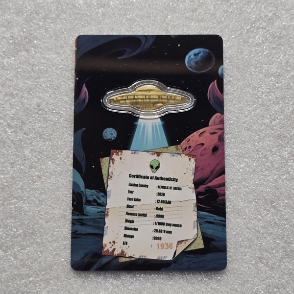 #1 RESERVE!! 2026 Liberia A Letter from Outerspace UFO 1/1000 oz Gold Coin Carousel 2
