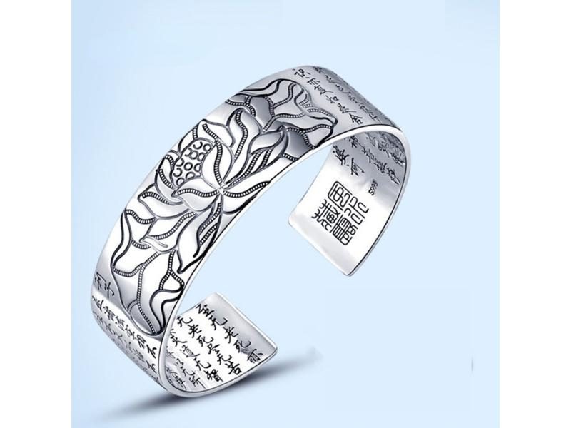 925 Sterling Silver Retro Lotus Buddhist Sutra Bracelet Carousel 2