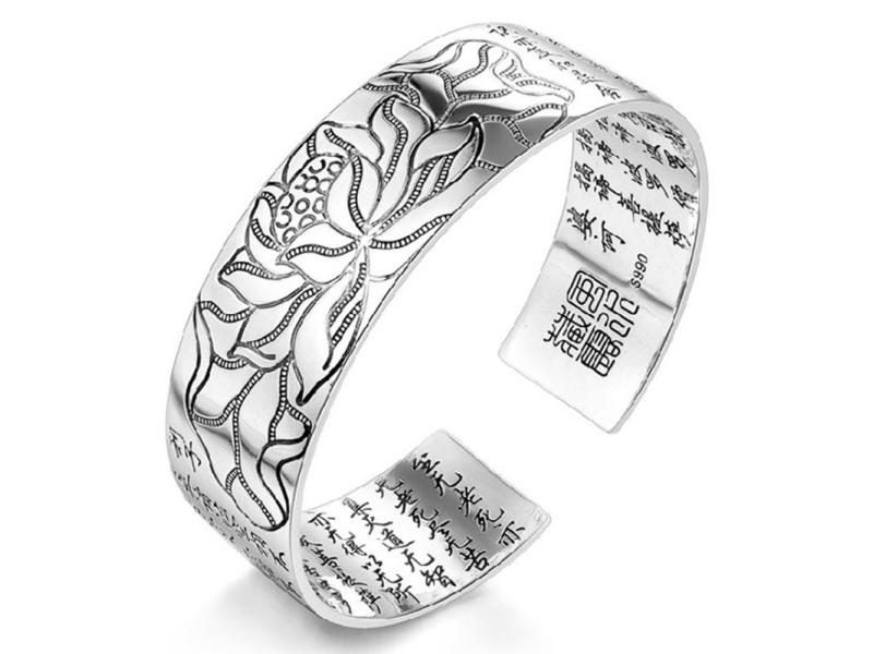 925 Sterling Silver Retro Lotus Buddhist Sutra Bracelet Carousel 1