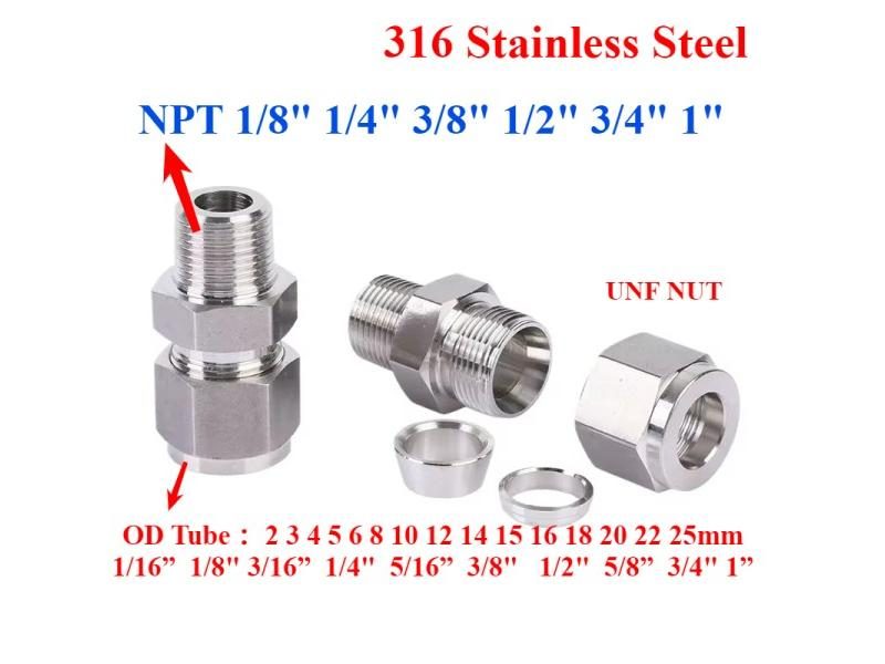 316L Stainless Tube Compression Union Connector With NPT Male And UNF Nut Carousel 1