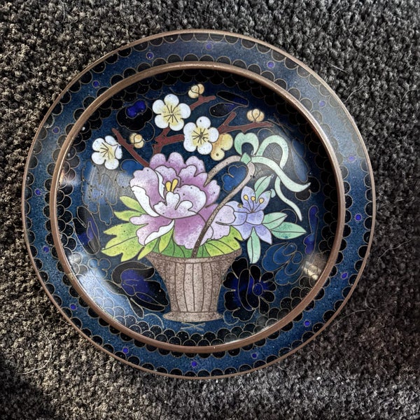 Vintage Chinese cloisonne enamel plate peony & cherry blossom Carousel 1